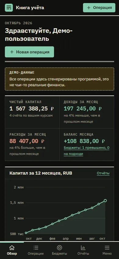 Скриншот проекта «Книга учёта: личные финансы» на экране телефона, 390 пикселей